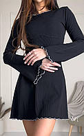 Стильне трикотажне сукня в рубчик чорна коротка жіноча сукня з довгими рукавами розширенними