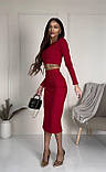 Стильний жіночий літній костюм топ зі спідницею олівець міді з розрізом в рубчик розмір червоний ошатний жіночий костюм, фото 8