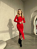 Стильний жіночий літній костюм топ зі спідницею олівець міді з розрізом в рубчик розмір червоний ошатний жіночий костюм, фото 4