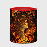 Кружка с принтом «Девушка в стиле ар-нуво с огнем и осенними листьями» (цвет чашки на