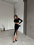 Стильний жіночий літній костюм топ зі спідницею олівець міді з розрізом в рубчик чорний ошатний жіночий костюм, фото 5