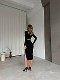 Стильний жіночий літній костюм топ зі спідницею олівець міді з розрізом в рубчик чорний ошатний жіночий костюм, фото 7