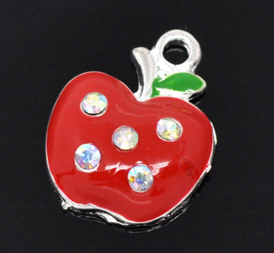 Підвіска Finding Кулон яблуко стрази Срібляста червона емаль 21 мм x 17 мм