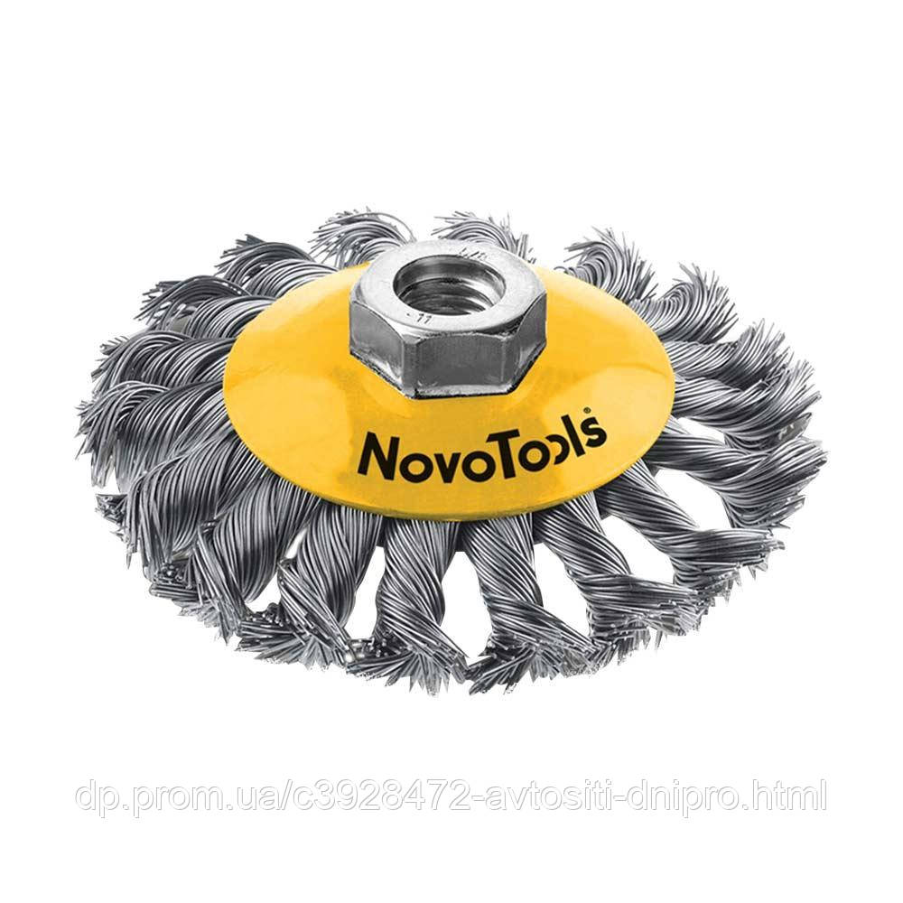 Щітка дротяна на болгарку конусна D=100 мм (сталь, з гайкою) Novo Tools, фото 1