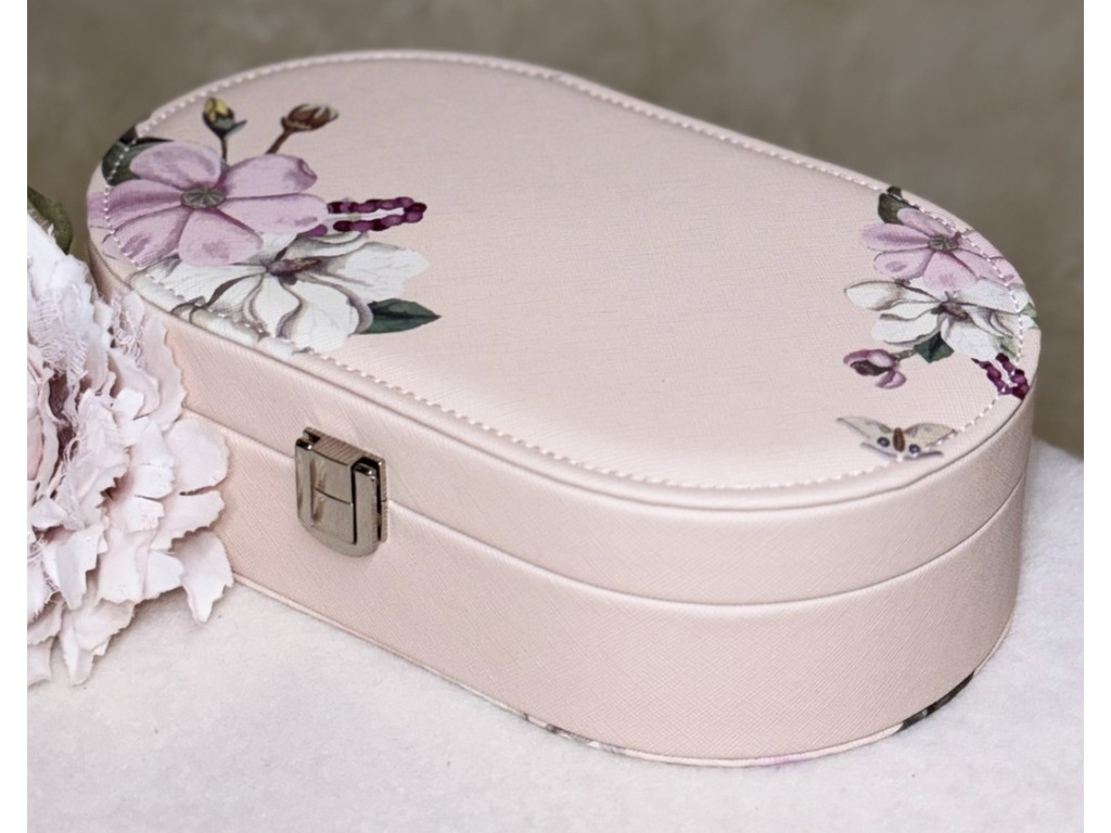 ❤️Овальна скринька зі шкірозамінника для прикрас з замком Ніжні вишневі квіти, фото 1