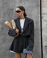 Укороченный oversize пиджак + юбка с трендовой имитацией карманов