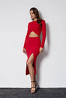 Молодежное вечернее платье с разрезом и драпировкой красное. Модель 1426 SL