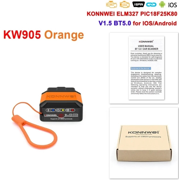 Автосканер Konnwei KW905 Supports all OBD ll protocols Orange BT 5.0 для Android та iOS