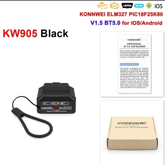 Автосканер Konnwei KW905 Supports all OBD ll protocols black BT 5.0 для Android та iOS