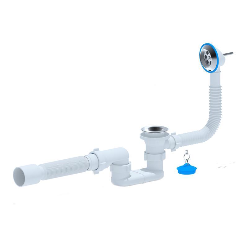 Сифон для ванни LSW05 випуск 70 мм, плоский, без ревізії, із пробкою на ланцюгу (вихід гофру 40/50мм) Lidz, фото 1