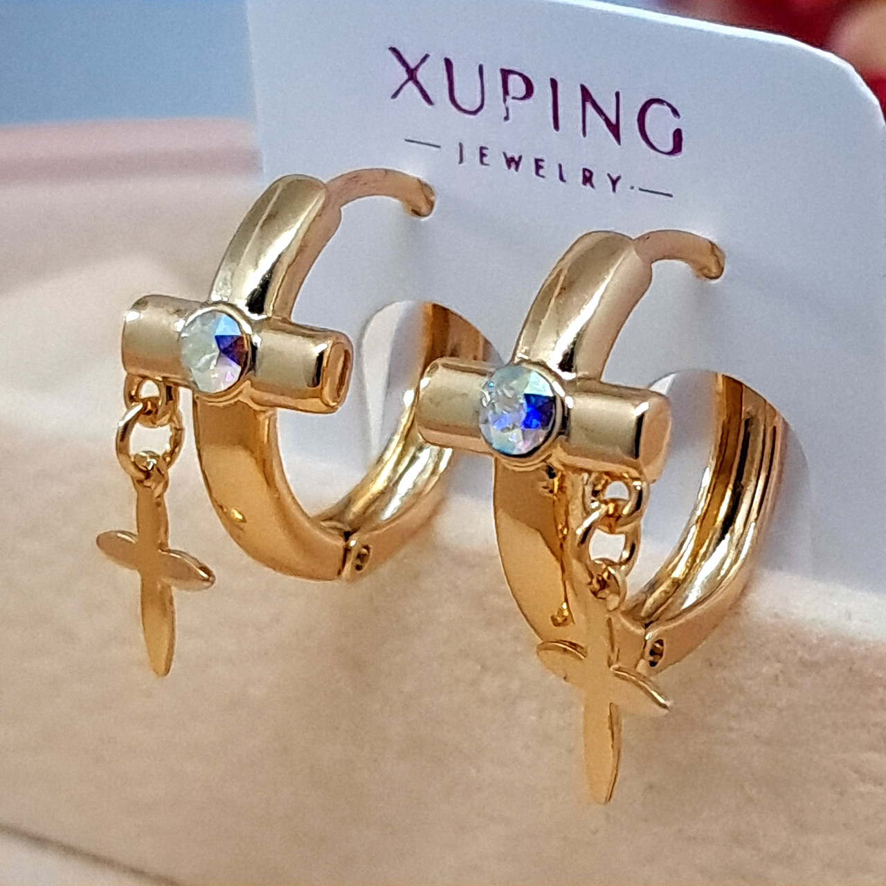 Сережки хрестики медзолото Xuping Сережки позолочені кульчики 3073