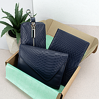 Подарочный женский набор №89: кошелек Sabrina + обложка на паспорт + ключница (синий питон)