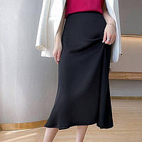 Женская стильная летняя однотонная романтичная атласная юбка-миди на резинке 173 Размеры 42-44, 44- 46