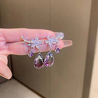 Изысканные фиолетовые серьги с цирконом, женские серьги со стразами, висячие серьги с каплями воды и цветами