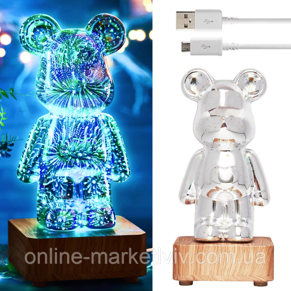 3д світильник нічник Мишка Феєрверк 20см, від USB / 3Д лампа Ведмідь / Декоративний скляний нічник, фото 1