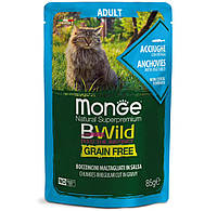 Влажный корм для кошек Monge Bwild Grain Free Wet с анчоусами и овощами, в соусе 85г