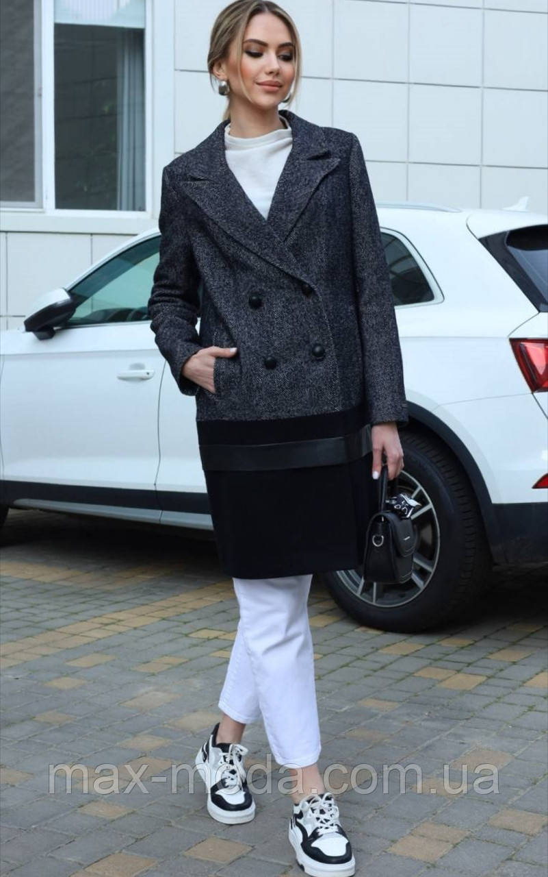 Жіноче молодіжне якісне трендове вовняне пальто зі шкіряним оздобленням міді в ялинку — Україна.