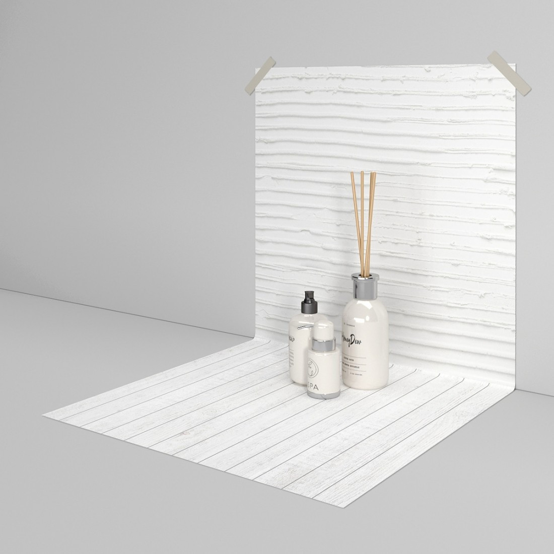 Фотофон вініловий біла штукатурна стіна з горизонтальною текстурою і вибілена дерев’яна підлога 50×100 см, №59267, фото 1