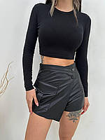 Женская юбка шорты из эко кожи в чёрном цвете