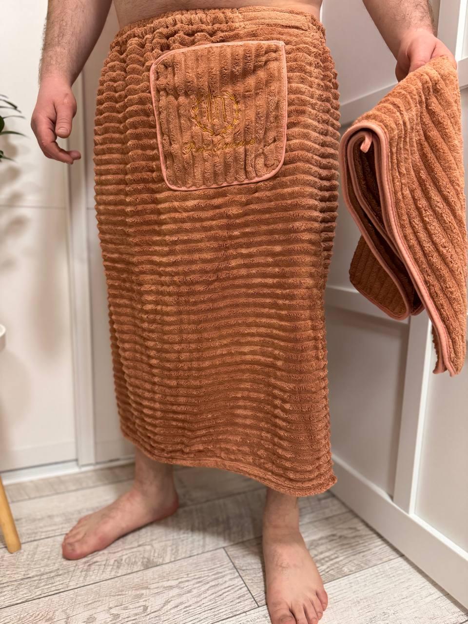 Набор для бани и сауны мужской Юбка-полотенце для бани микрофибра на липучке Подарок мужчине банный набор Графит - фото 7 - id-p2126688936