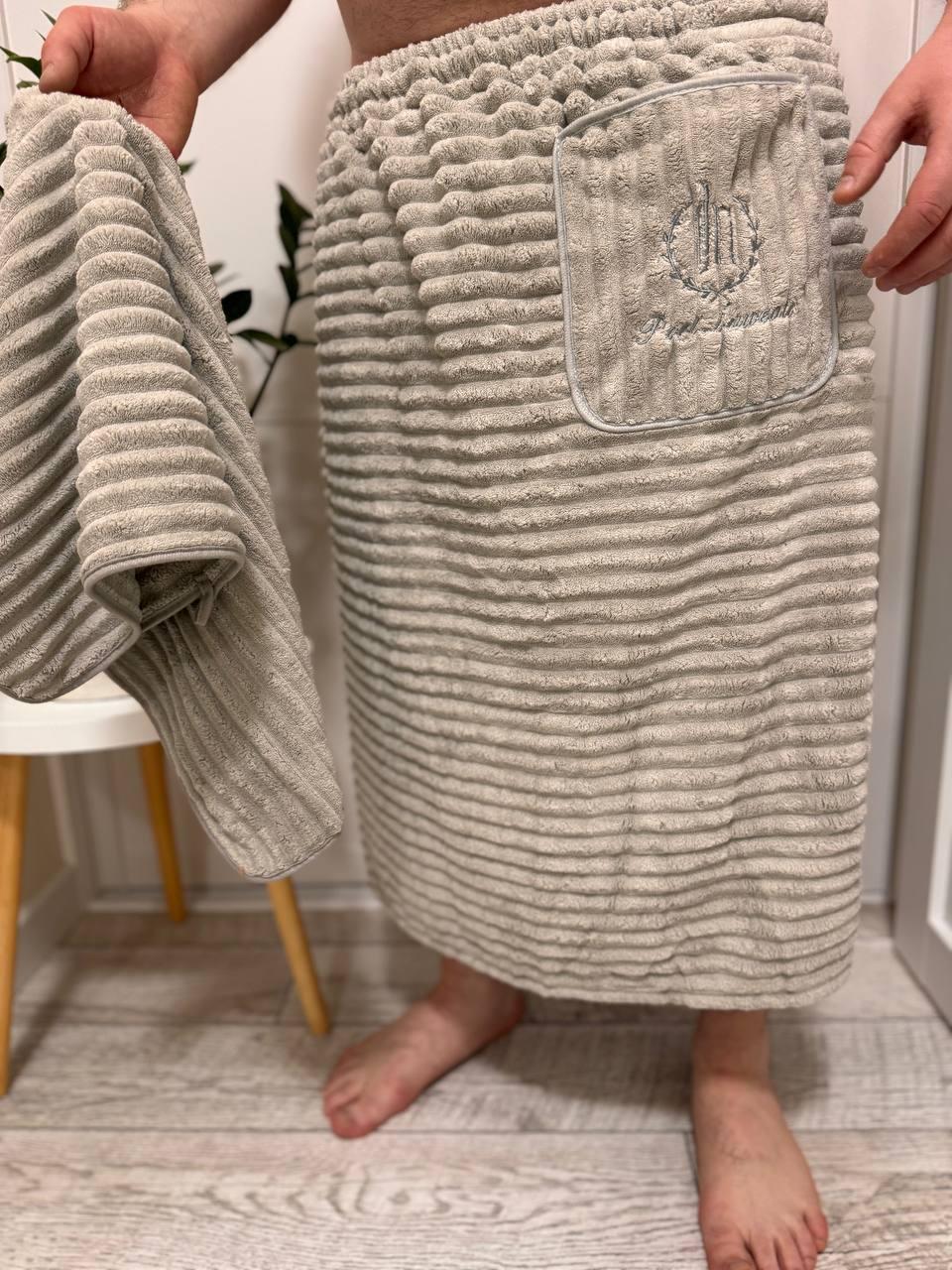 Набор полотенец для бани и лица Мужская банная юбка-килт с вышивкой Банные наборы в сауну для мужчин Серый - фото 3 - id-p2126716285