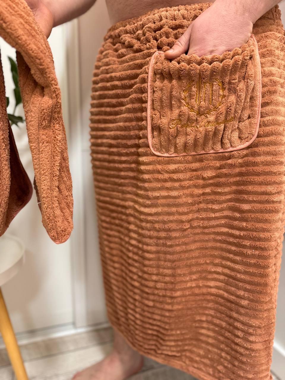 Набор полотенец для бани и лица Мужская банная юбка-килт с вышивкой Банные наборы в сауну для мужчин Молочный - фото 7 - id-p2126716286
