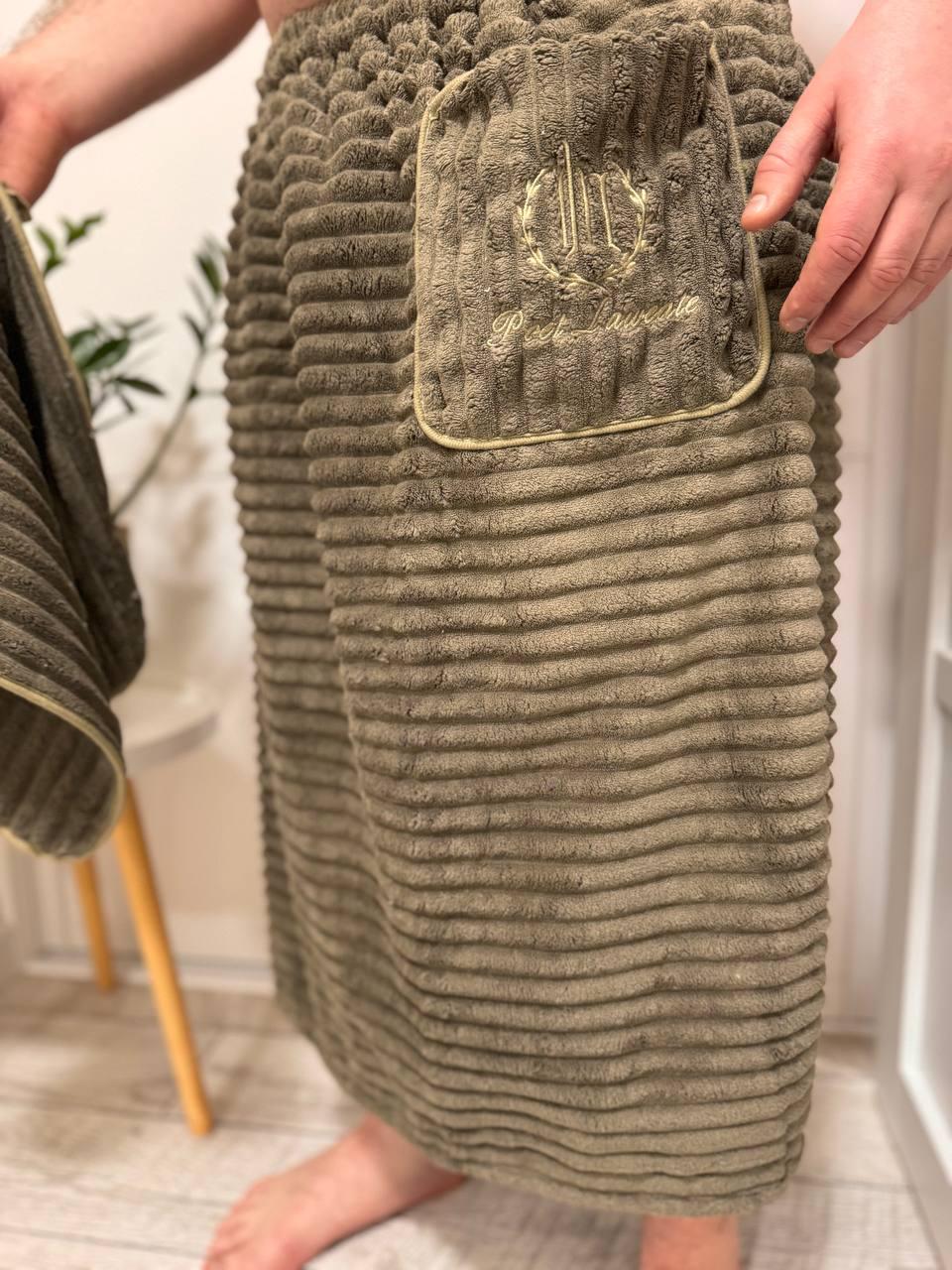 Набор полотенец для бани и лица Мужская банная юбка-килт с вышивкой Банные наборы в сауну для мужчин Графит - фото 7 - id-p2126716287