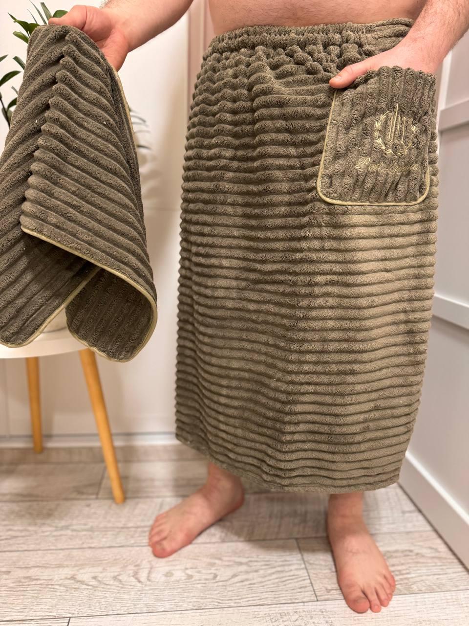 Набор полотенец для бани и лица Мужская банная юбка-килт с вышивкой Банные наборы в сауну для мужчин Оливка - фото 5 - id-p2126716288