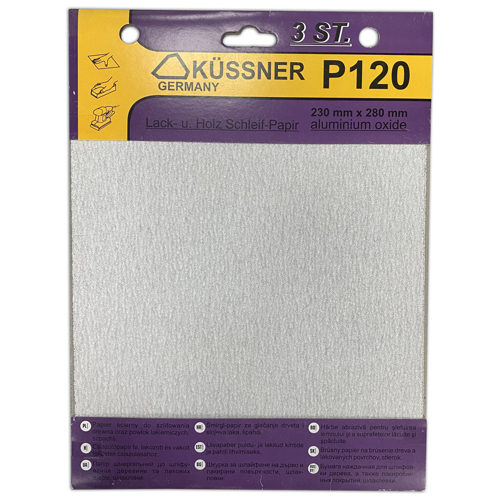 Папір наждачний Kussner PS33 для фарб, лаків та шпаклівок P120, 230x280 мм, уп. 3 шт.