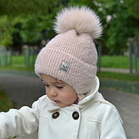 Зимняя детская шапка Arctic ОГ 48-50 см для девочек на флисе с мехом песца 014-ДІАМАНТ бежевая