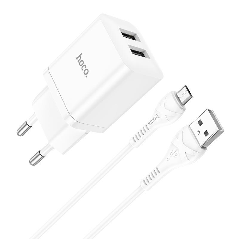 Адаптер мережевий Hoco Micro USB Cable Maker dual port charger set N25 |2USB, 2.1A| білий, фото 1