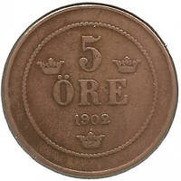 Монета "5 эре" 1902 года. Швеция. ХF