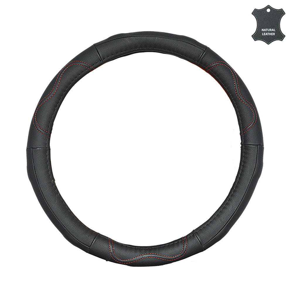 Чохол на кермо XL чорний шкіряний з масажером та червоною ниткою Elegant Plus EL 105613, фото 1