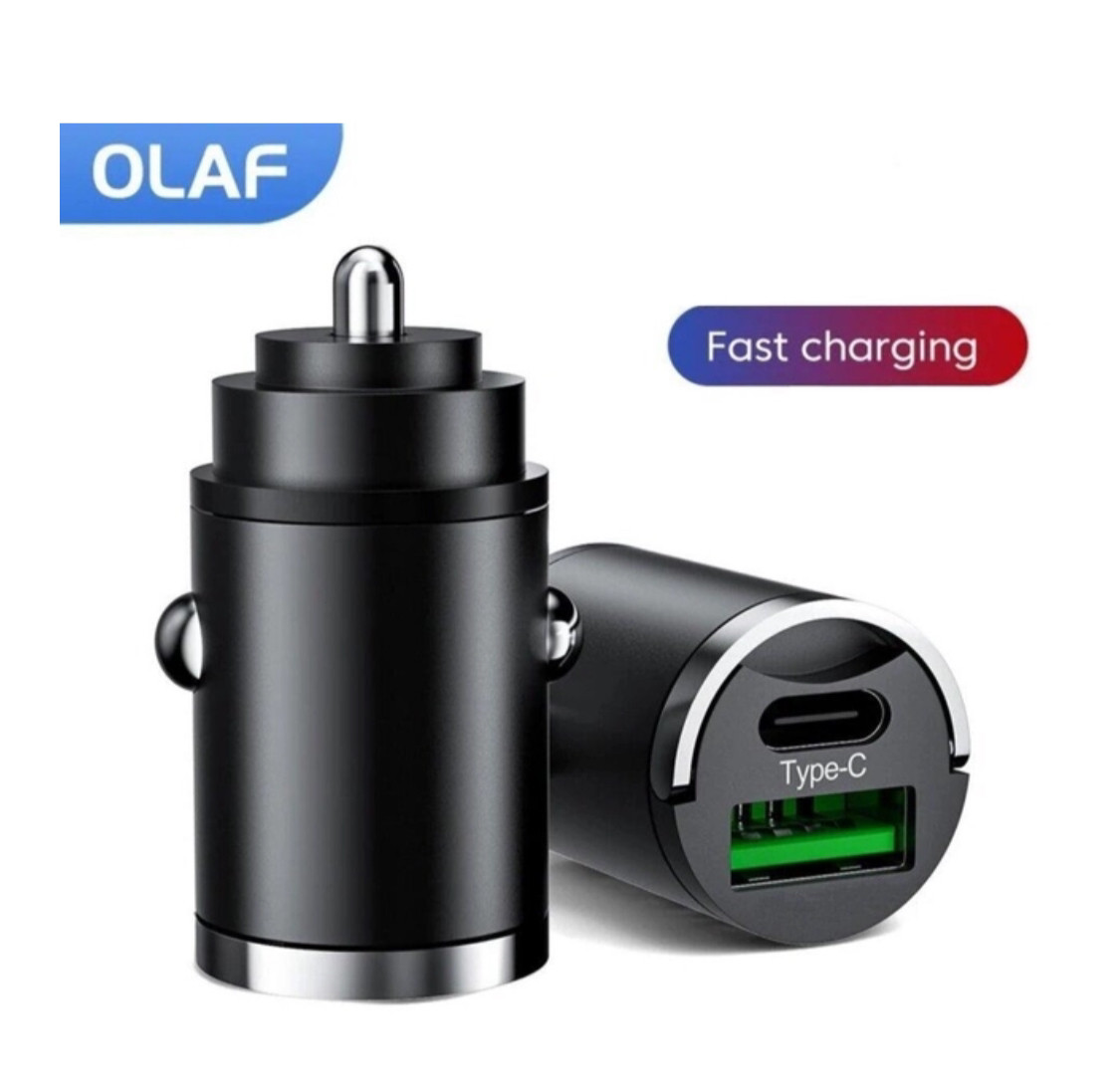 Автомобільний зарядний пристрій 18 W Olaf Mini Швидке заряджання USB + Type-C Black, фото 1