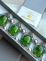 Массивный ювелирный серебряный браслет янтарь прессованный зеленый