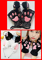 Набор кошачьи ободок Ушки и Перчатки черные, костюм карнавальный, нарядный кот, аниме, косплей