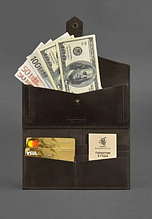 Місткий гаманець ручної роботи на кнопці, гаманці жіночі шкіряні яскраві стильні Темно коричневий