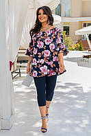 Летний удобный костюм свободная блуза в расцветках с джинсовыми бриджами больших размеров 50 - 60