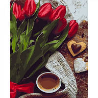Картина по номерам STRATEG Красные тюльпаны с кофе 40 на 50 см цветы тюльпаны для взрослых раскраска картинки