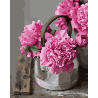 Картина за номерами STRATEG Півонії у чайнику 40 на 50 см квіти півонії для дорослих розмальовка за номерах малюнки розпис кухню