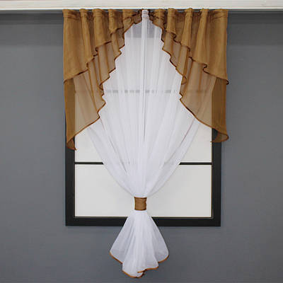 Кухонна (280х170см.) занавіска, ламбрекен і тюль. Колір білий з коричнево-кавовим. Код 114к 52-0619