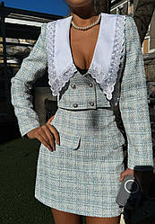 Твідовий жіночий костюм жакет з акцентним коміром і міні спідниця Km1769