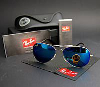 Cолнцезащитные зеркальные очки RAY BAN  авиатор голубые UV400 (арт.3026)