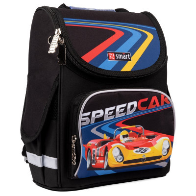 Рюкзак школьный каркасный ортопедический для первоклассника Smart PG-11 Speed Car, для мальчиков, черный (559007)