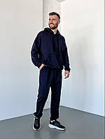 Модный мужской спортивный костюм темно-синий тринитка, однотонный демисезонный спортивный костюм с капюшоном