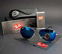 Cолнцезащитные зеркальные очки RAY BAN  авиатор голубые UV400 (арт.3025)