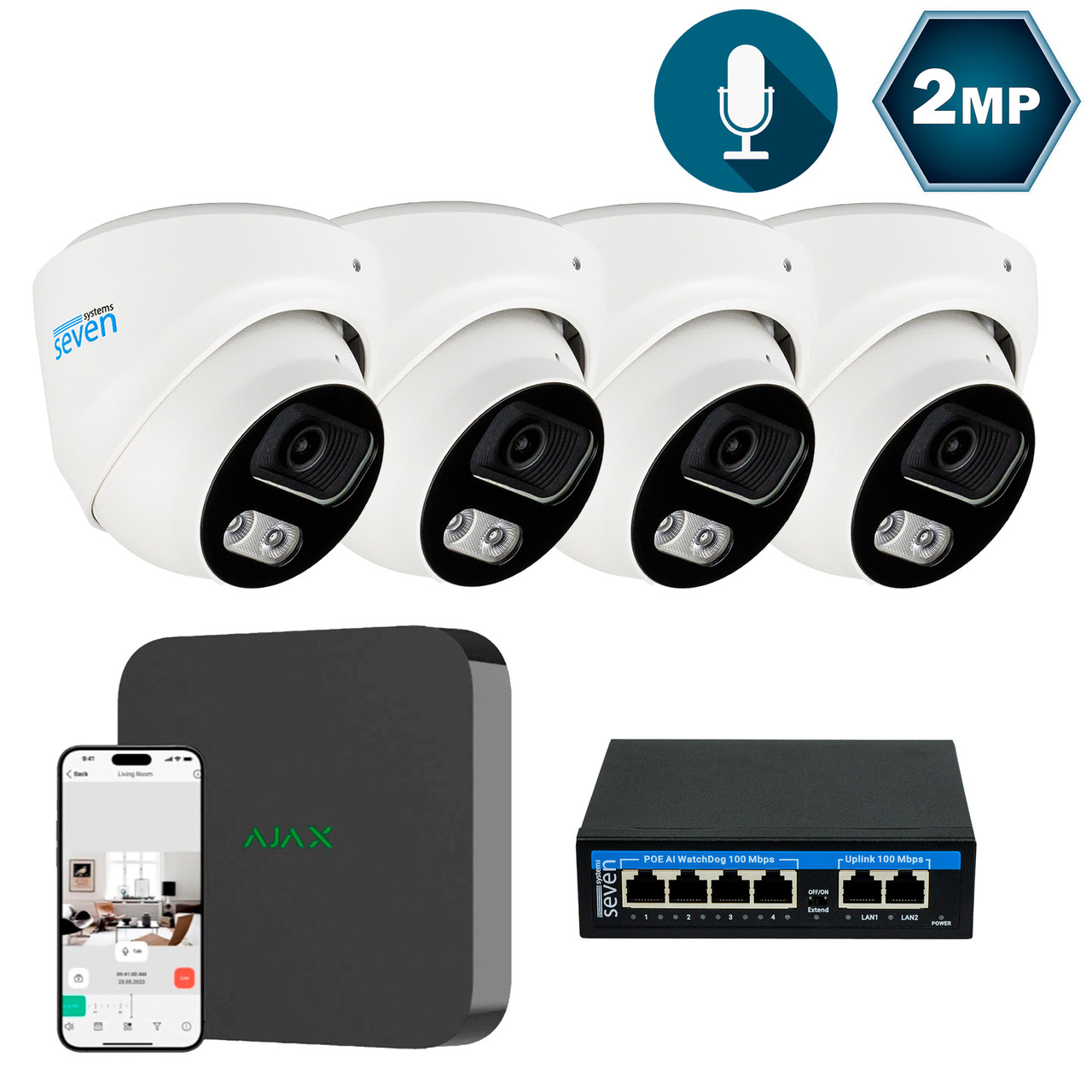 Комплект IP-відеоспостереження AJAX на 4 купольних 2 Мп IP-камери AX-IP3614OW-2MP