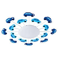 Настенно-потолочный светильник белый металл/стекло и декором в синие машинки 1 лампа Е27 63х8 см