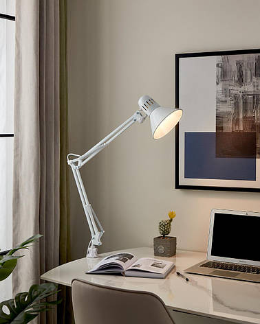 Офісна настільна лампа металева Е27 на підставці та струбціні біла 73 см, фото 1