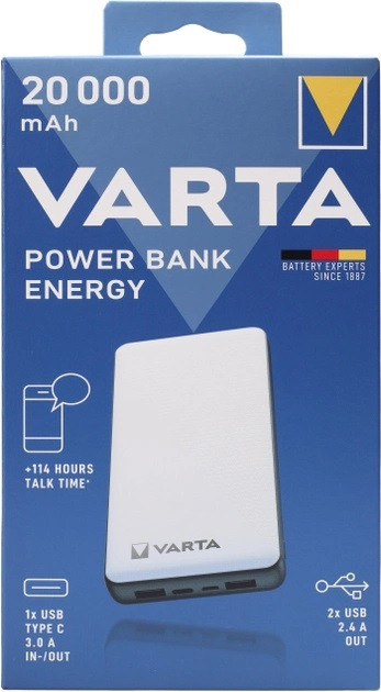 Power bank VARTA Energy 20000mAh (2USB/1Type-C, Li-Pol, QC3.0, 15W, LED) (57978101111)